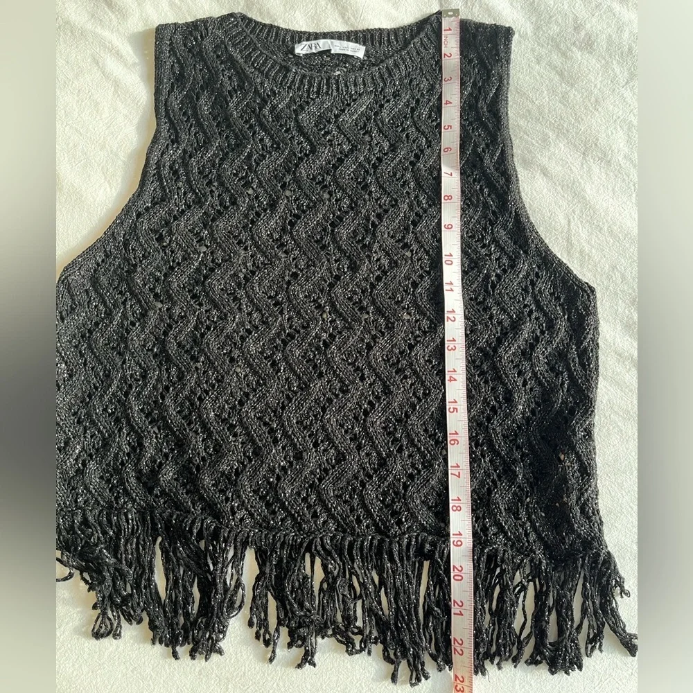 Zara Black Crochet Knit Fringe Hem Top Metallic Thread Festival Wear Boho Chic - Picture 7 of 9